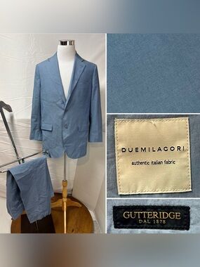 GUTTERIDGE Men's US 42 S Blazer 38x27 Pants Blue Cotton Blend Slim Fit Suit